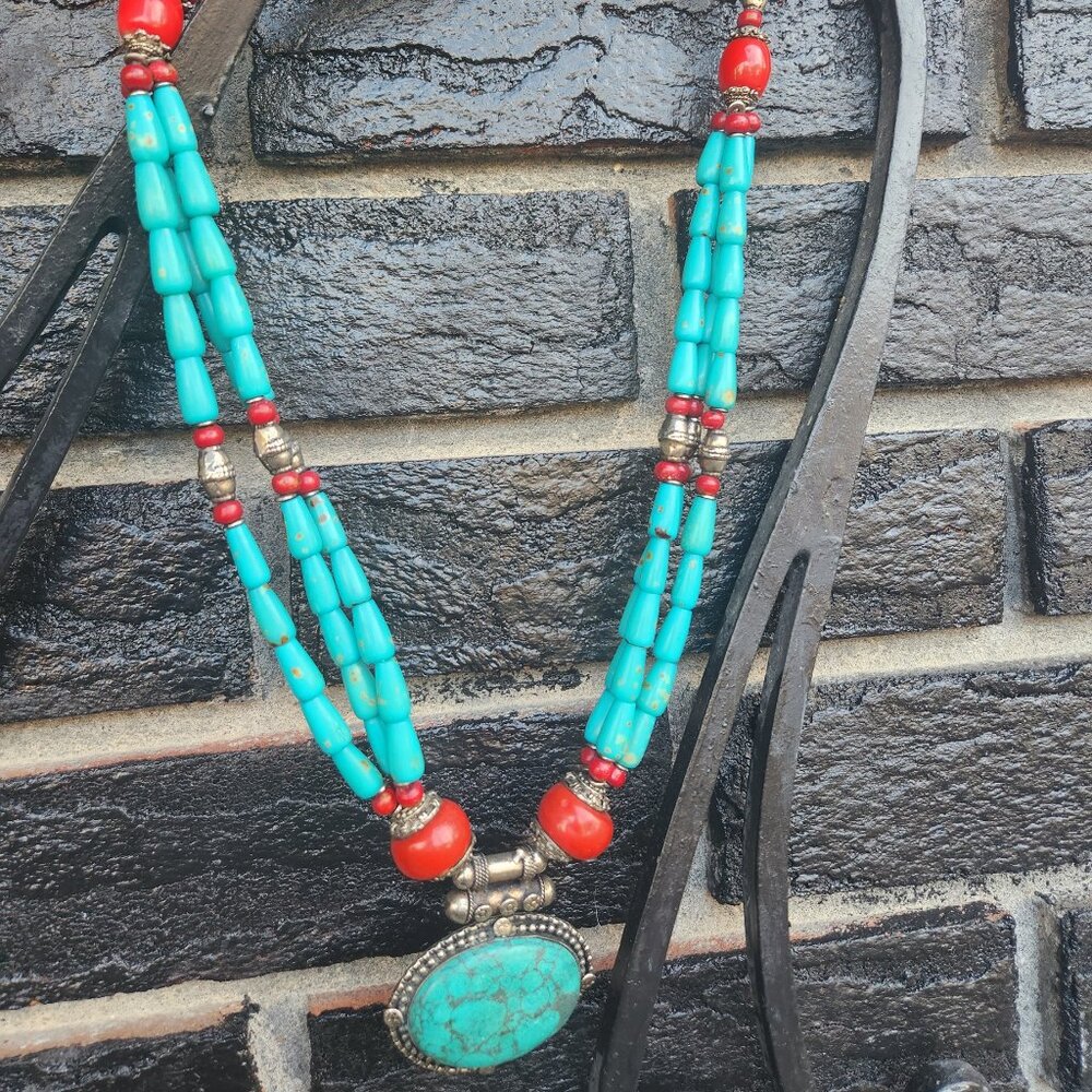 Stunning intricate metal work prob Silver, Red Coral, Turquoise, Blue Magnesite